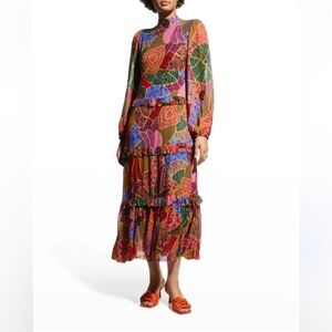 Farm Rio hidden animals mock neck long sleeved tiered dress